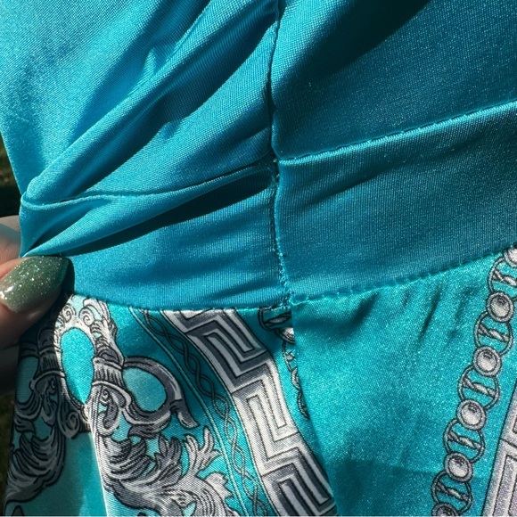 Y2K Boho Fairy Handkerchief Hem silky patterned halter dress Sz L - Picture 7 of 12